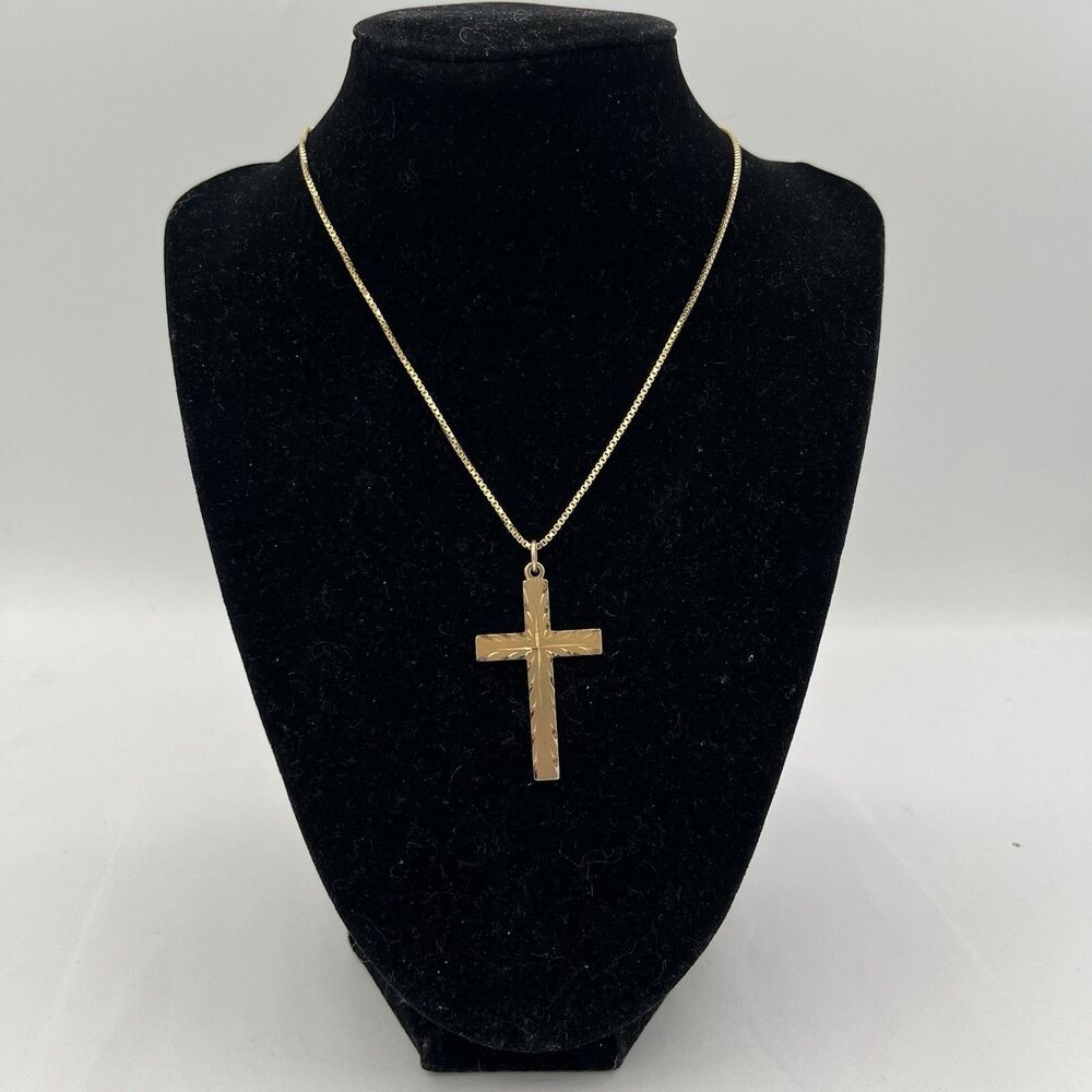14K Yellow Gold Filled Cross & .925 Sterling Gold Tone Pendant 20” Box Chain